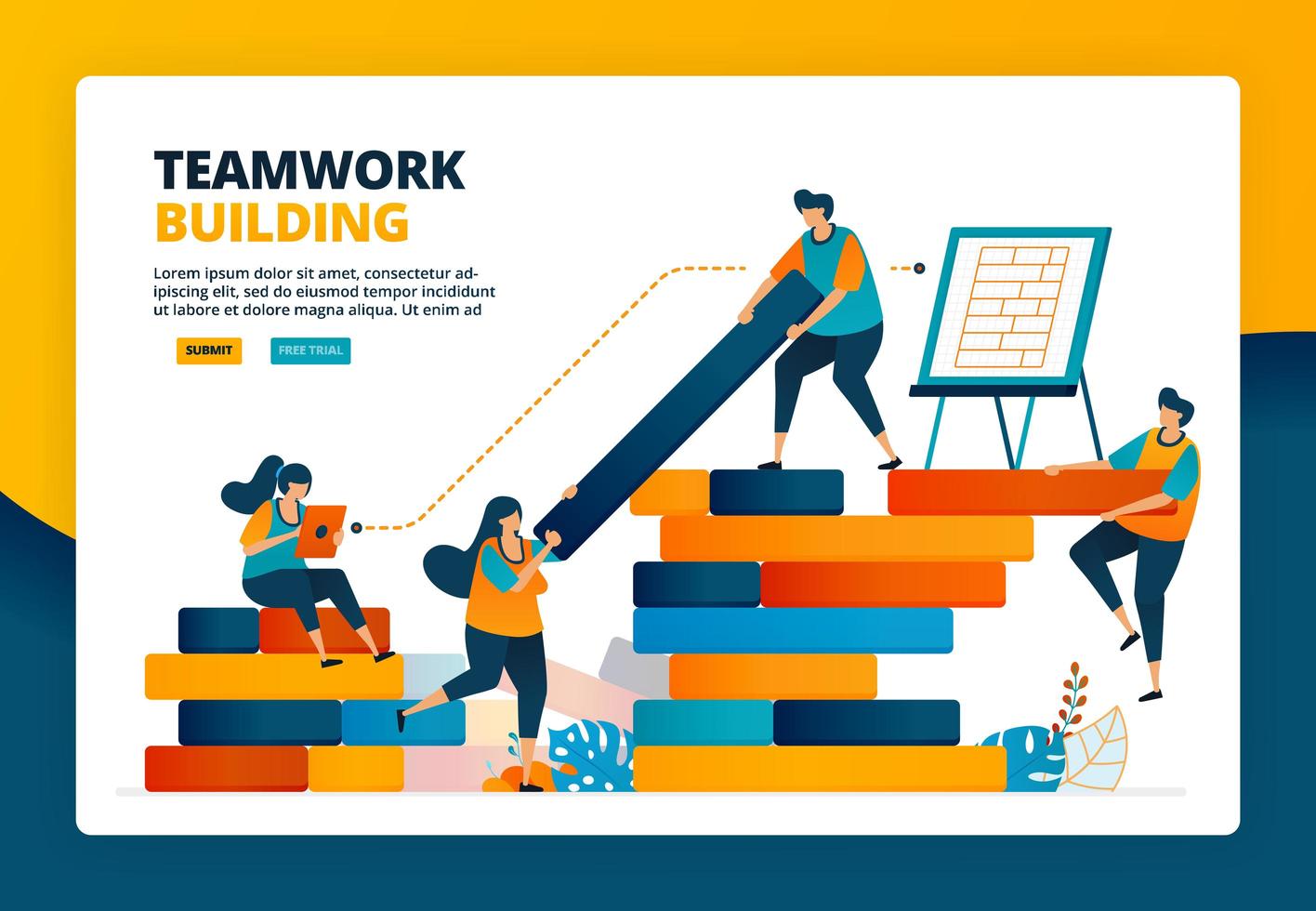 Cartoon illustration of strategy and planning in constructing the beam. Human development in teamwork, collaboration and build. Vector design for landing page website web banner mobile apps poster