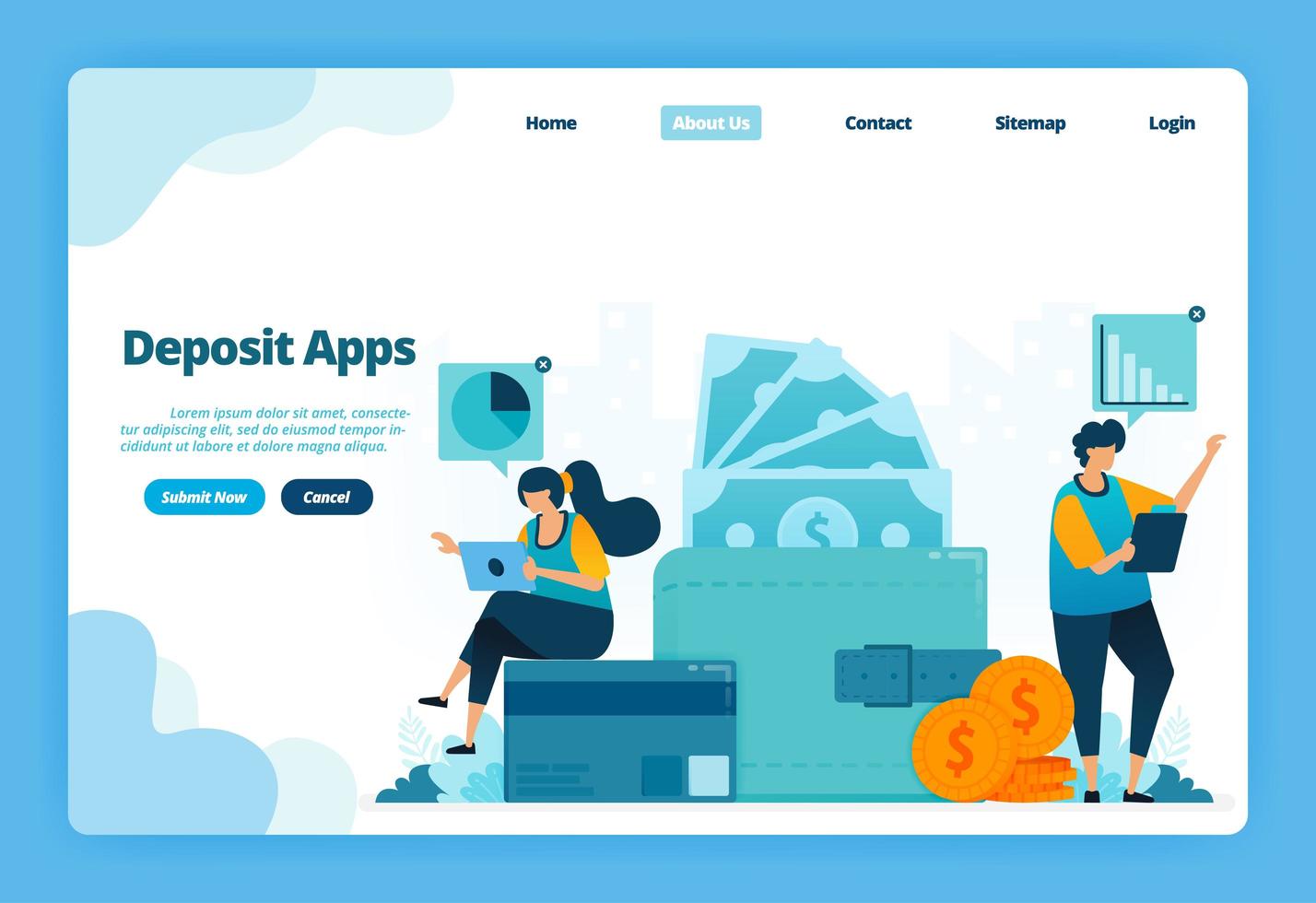 Landing page of deposit apps. Cashless society makes bill payments, saves money, wallet and financial transactions. Illustration of landing page, website, mobile apps, poster, flyer vector