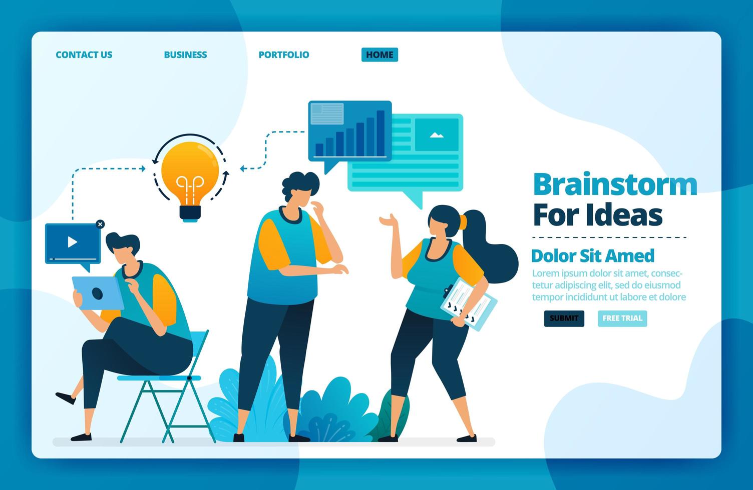Landing page vector design of brainstorm for ideas. Design for website, web, banner, mobile apps, poster, brochure, template, billboard, welcome page, promotion, cover, business card, advertisement