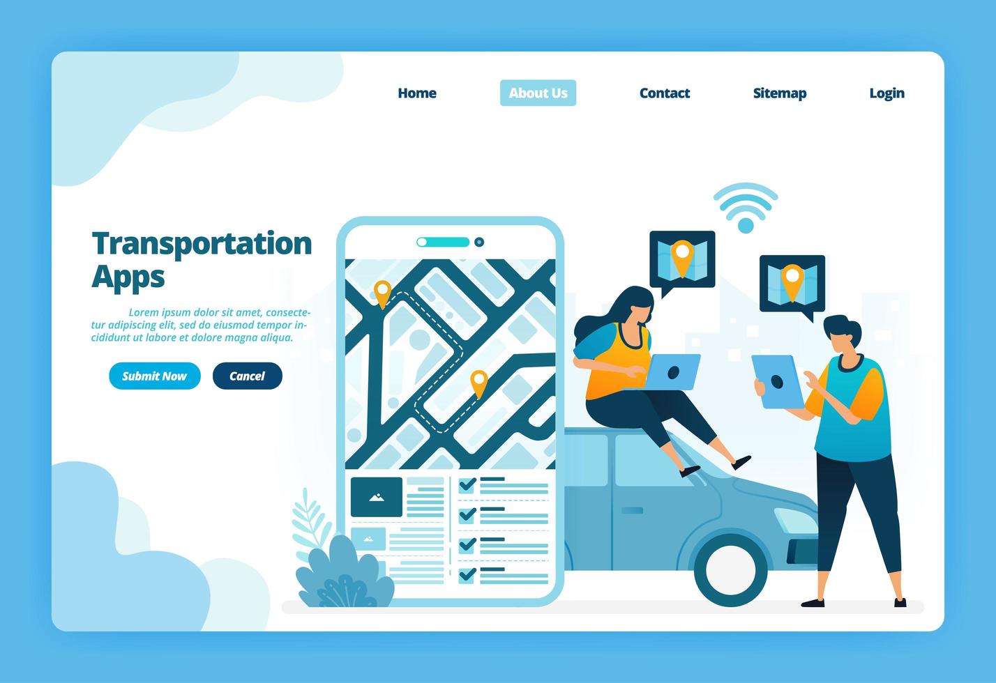 Landing page of transportation apps. Book and rent urban transportation with apps. Illustration of landing page, website, mobile apps, poster, flyer vector