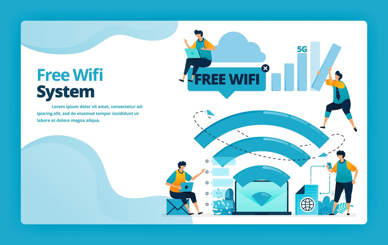 Vector illustration of landing page of free wifi system for a cheaper and more efficient internet connection. Design for website, web, banner, mobile apps, poster, brochure, template, ads, homepage