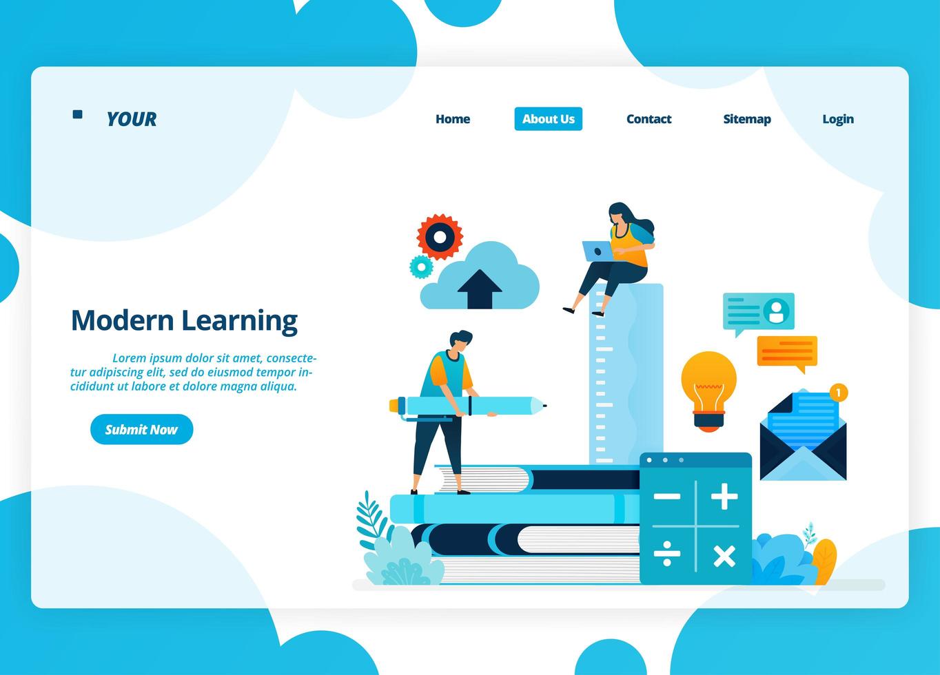 Vector landing page design of modern learning. Distance education technology during quarantine. Illustration of landing page, website, mobile apps, poster, flyer