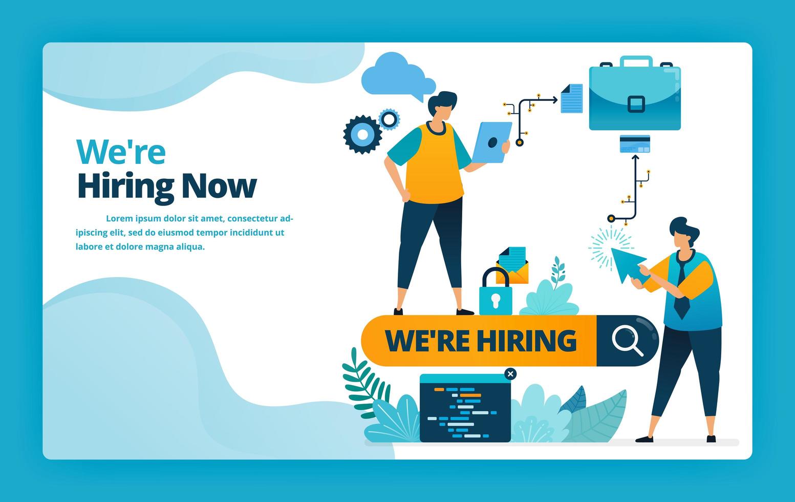 Vector illustration of landing page of hiring the best workers and employees with job promotions and ads in search engines. Design for website, web, banner, mobile apps, poster, brochure, template