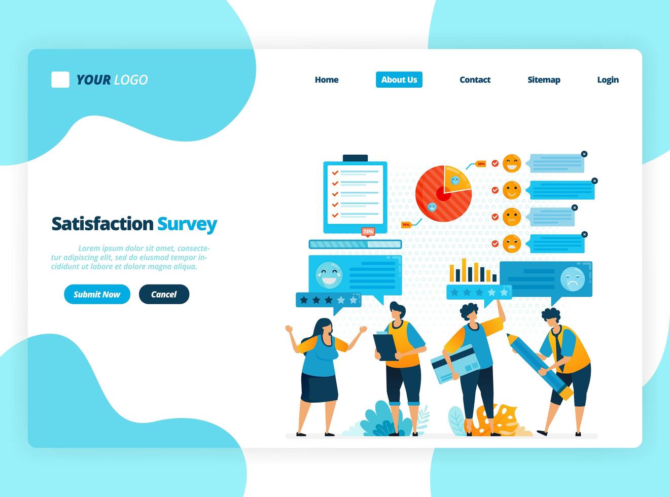 landing page template of emoticon satisfaction surveys. give rating and stars for apps services. good feedback with emoticons. illustration for banner, ui ux, website, web, mobile apps, flyer, card vector