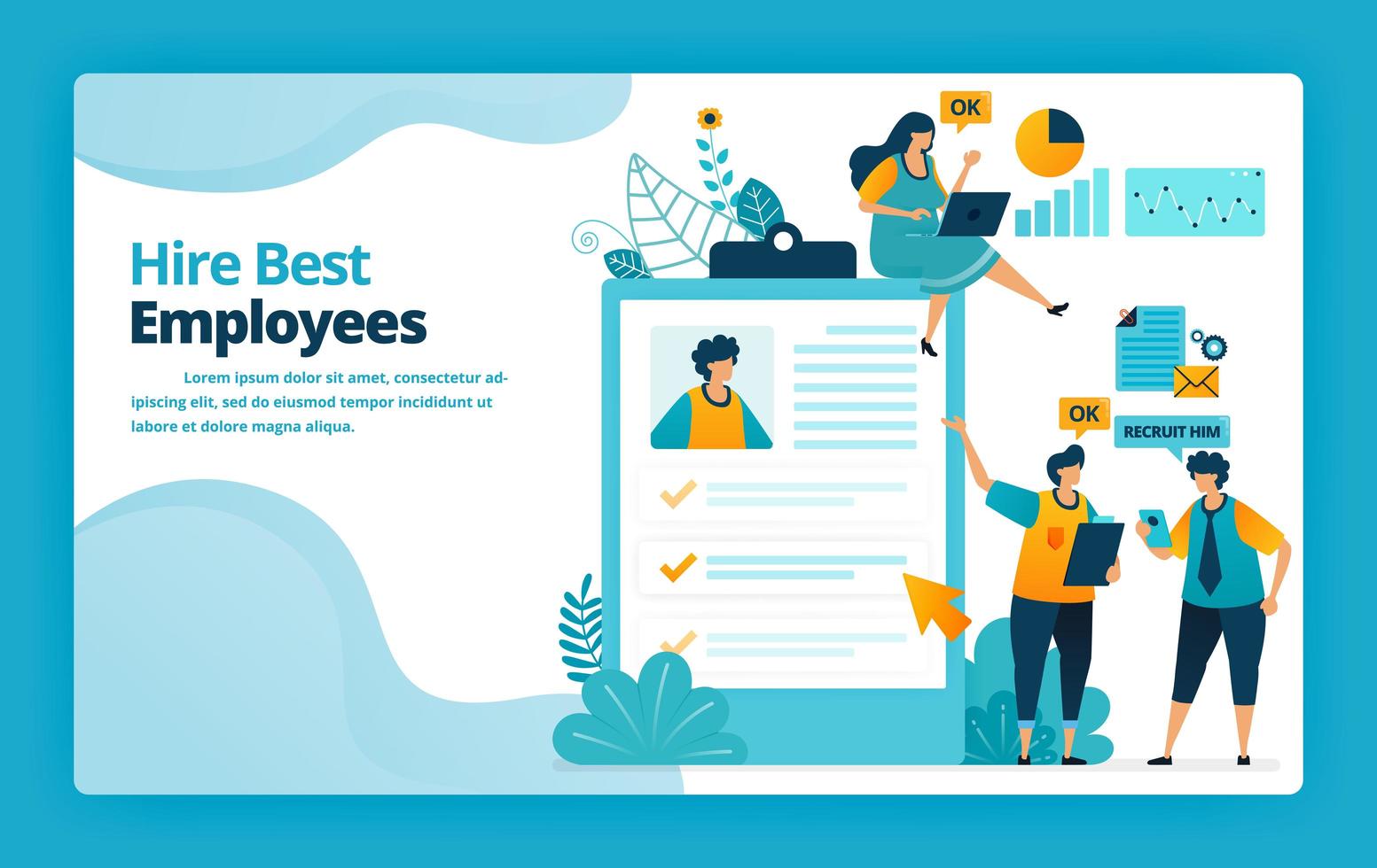 Vector illustration of landing page of hire best employees with exams and questionnaires to measure capacity and abilities. Design for website, web, banner, mobile apps, poster, brochure, template