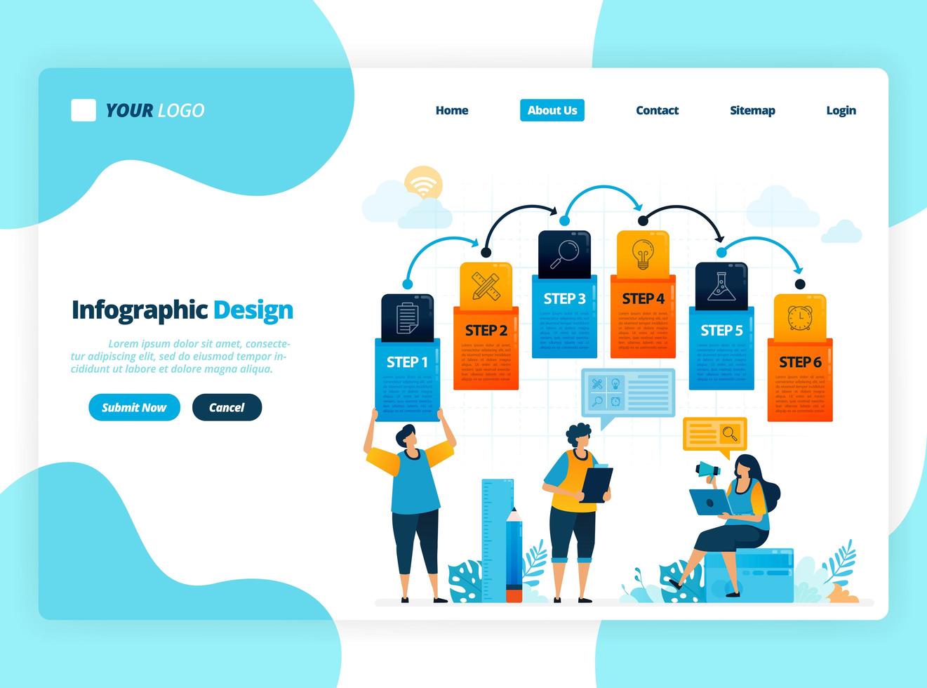 Ilustración humana y diseño infográfico para opciones comerciales, pasos en el aprendizaje, procesos educativos. vector plano para página de destino, web, sitio web, banner, aplicaciones móviles, folleto, cartel, folleto