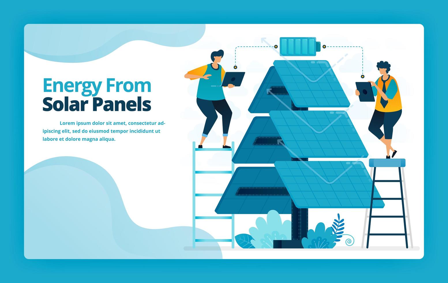 Ilustración vectorial de la página de inicio de energía alternativa con tecnología de distribución eléctrica de panel solar para cargar la batería. diseño para sitio web, banner, aplicaciones móviles, cartel, folleto, plantilla vector