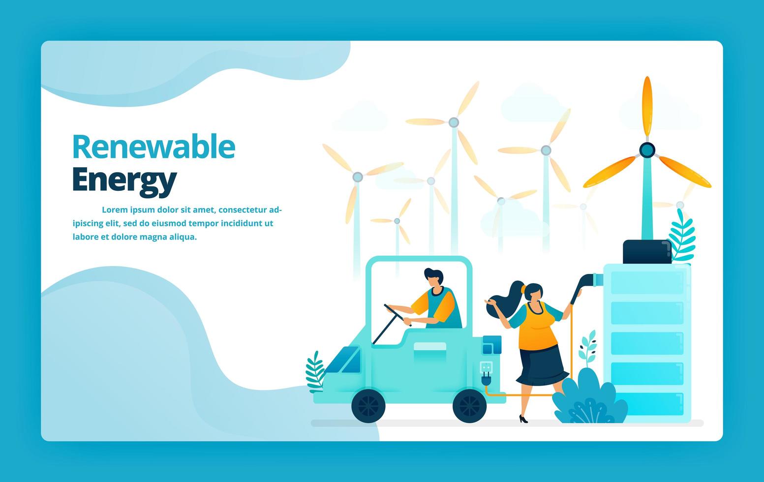 Vector illustration of landing page of electric car battery charging stations with green energy from wind power plants. Design for website, web, banner, mobile apps, poster, brochure, template