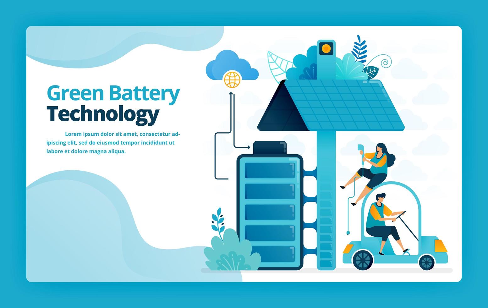 Ilustración vectorial de la página de inicio de las estaciones de carga de baterías para automóviles eléctricos y móviles con tecnología de paneles solares. diseño para sitio web, web, banner, aplicaciones móviles, cartel, folleto, plantilla vector