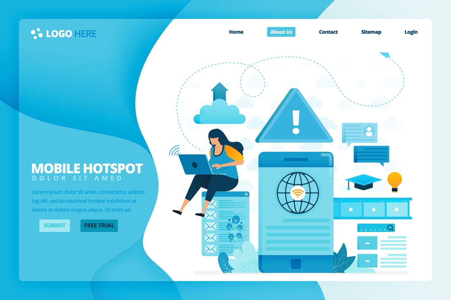 Landing page vector design of wifi and hotspot. Design for website, web, banner, mobile apps, poster, brochure, template, billboard, welcome page, promotion, cover, business card, advertisement