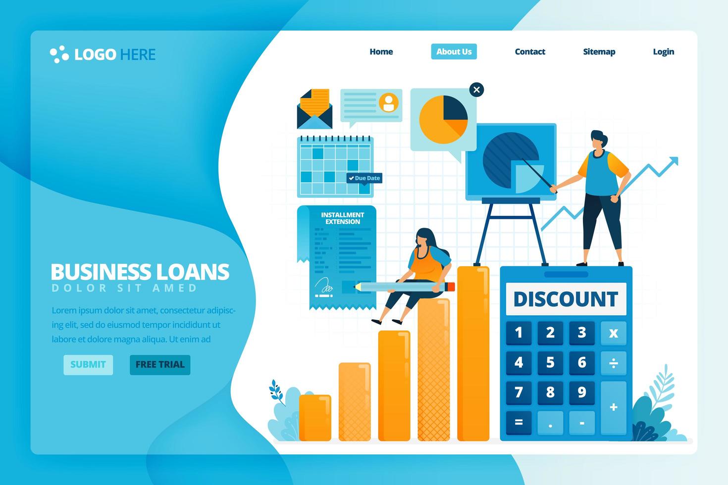 Cartoon illustration of signing loan interest discount agreement for business stimulus. Banking tax amnesty to prevent bankruptcy. Vector design for landing page website web banner mobile apps poster