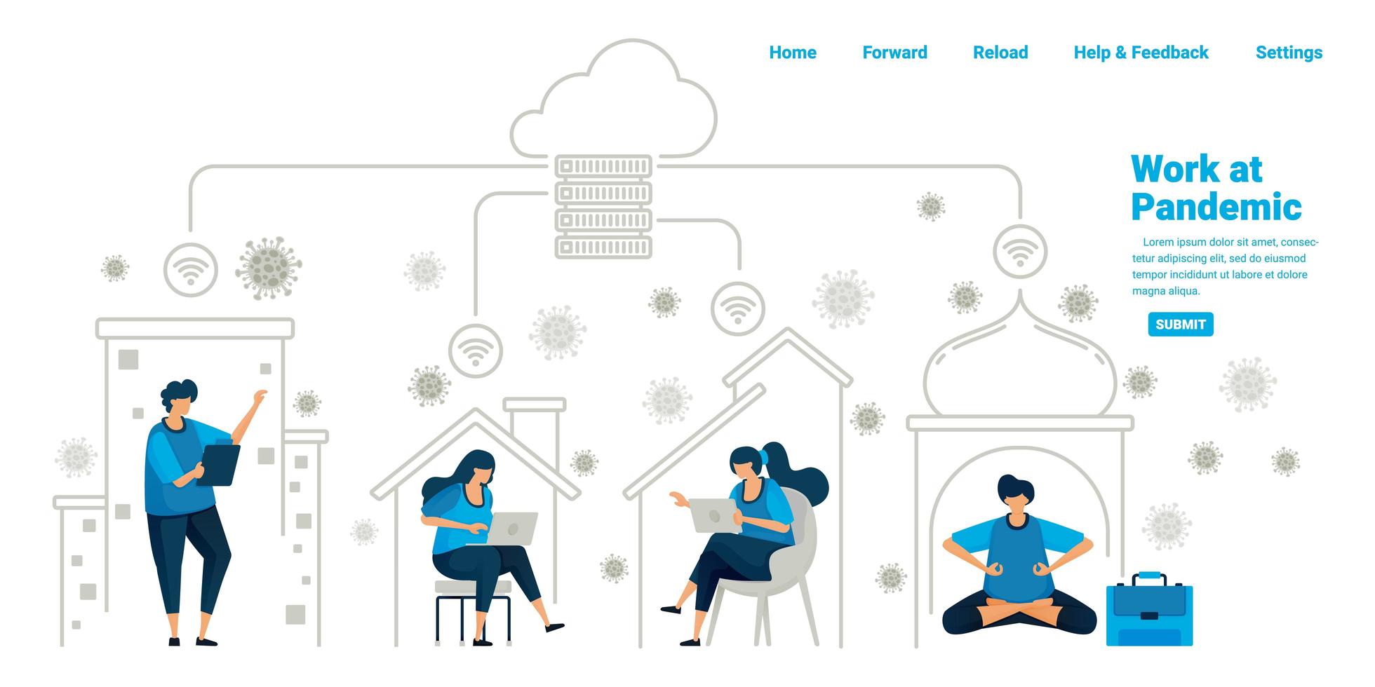 People working inside their homes using cloud server and datacenter technology during the new normal pandemic. Illustration design of landing page, website, mobile apps, poster, flyer, banner vector