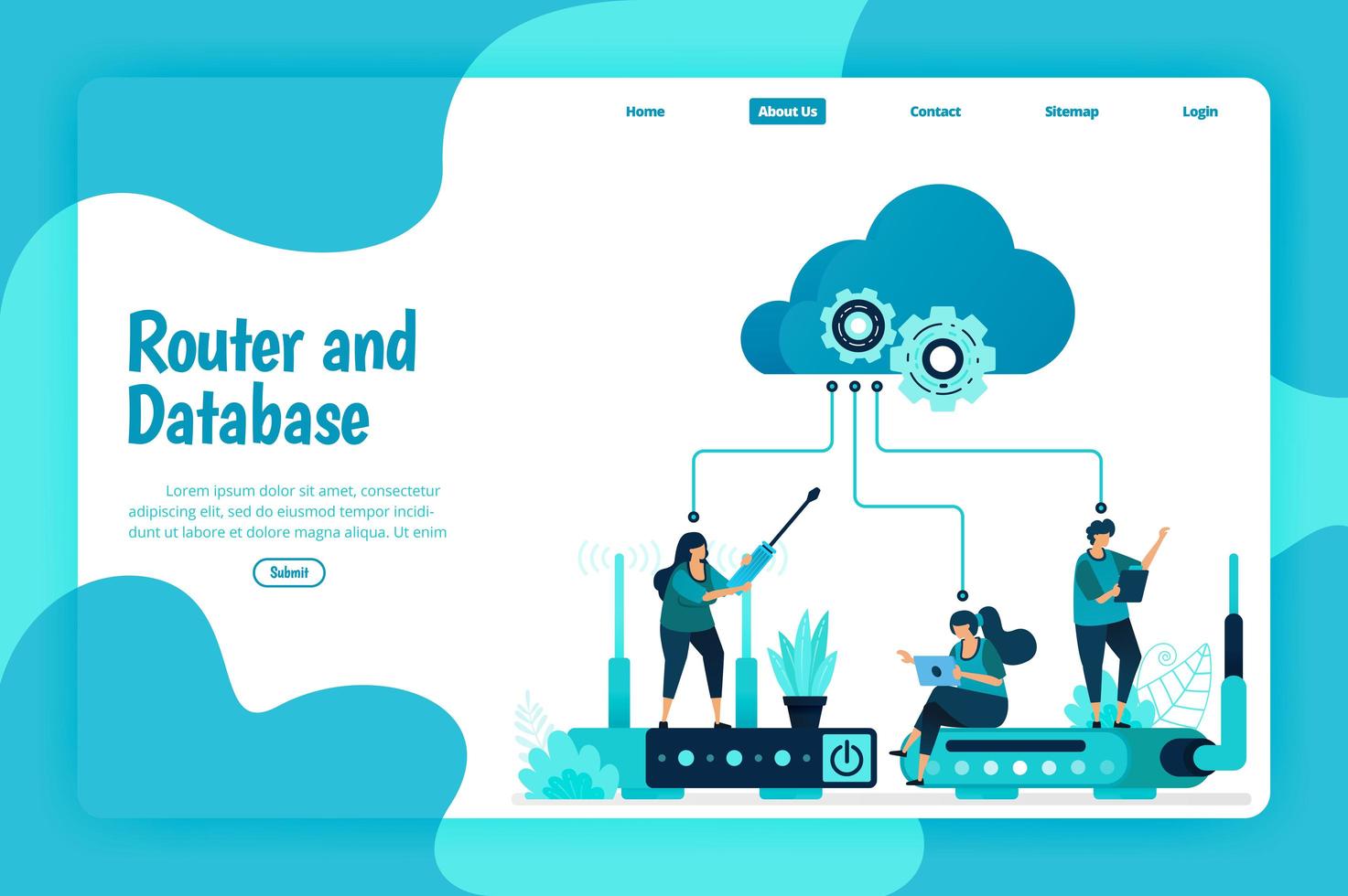 Landing page template of router and database service. Wifi network and infrastructure for internet connection and safe access. Illustration of landing page, website, mobile apps, poster, flyer vector