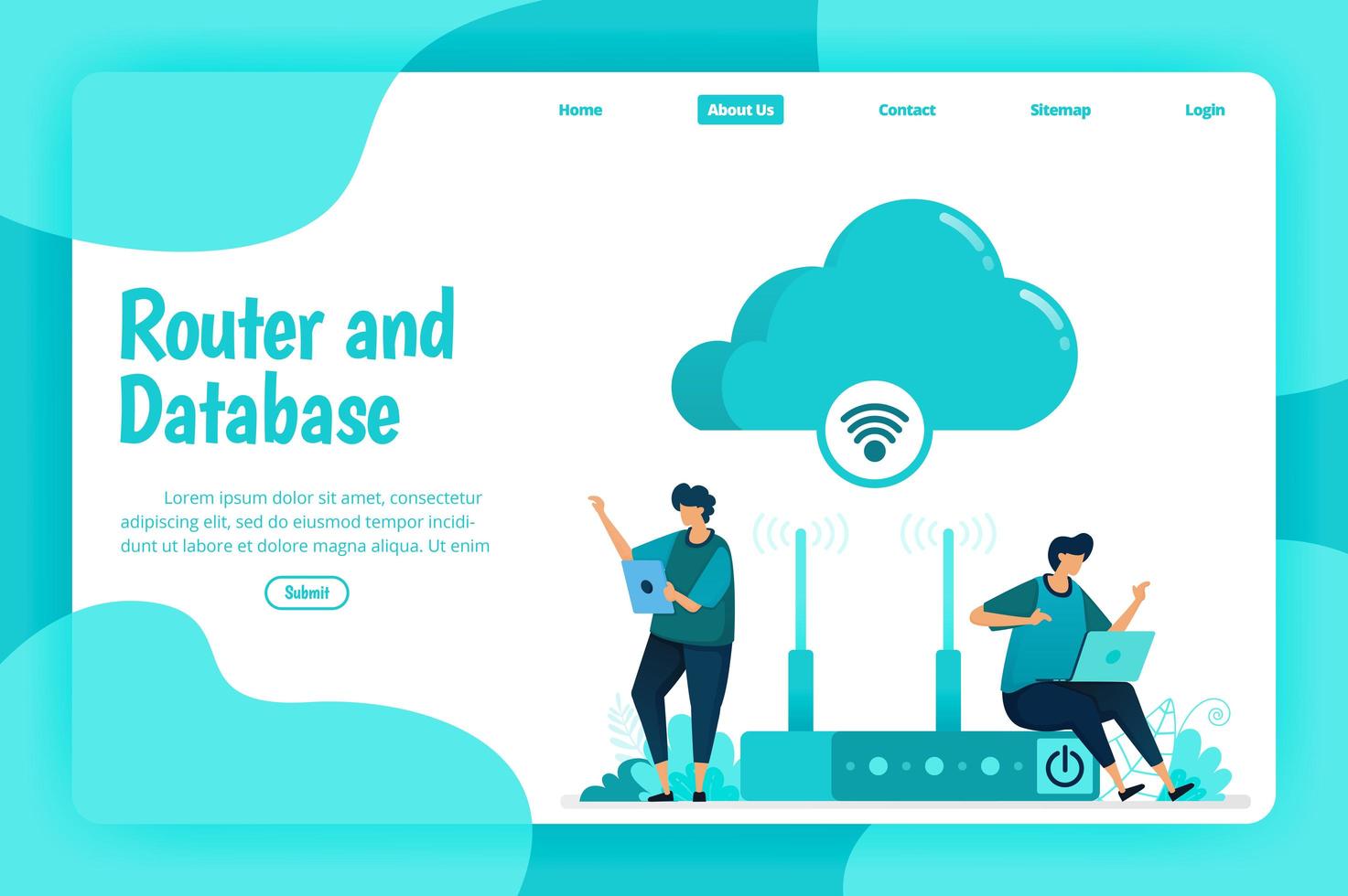 Landing page template of router and database service. Wifi network and infrastructure for internet connection and safe access. Illustration of landing page, website, mobile apps, poster, flyer vector