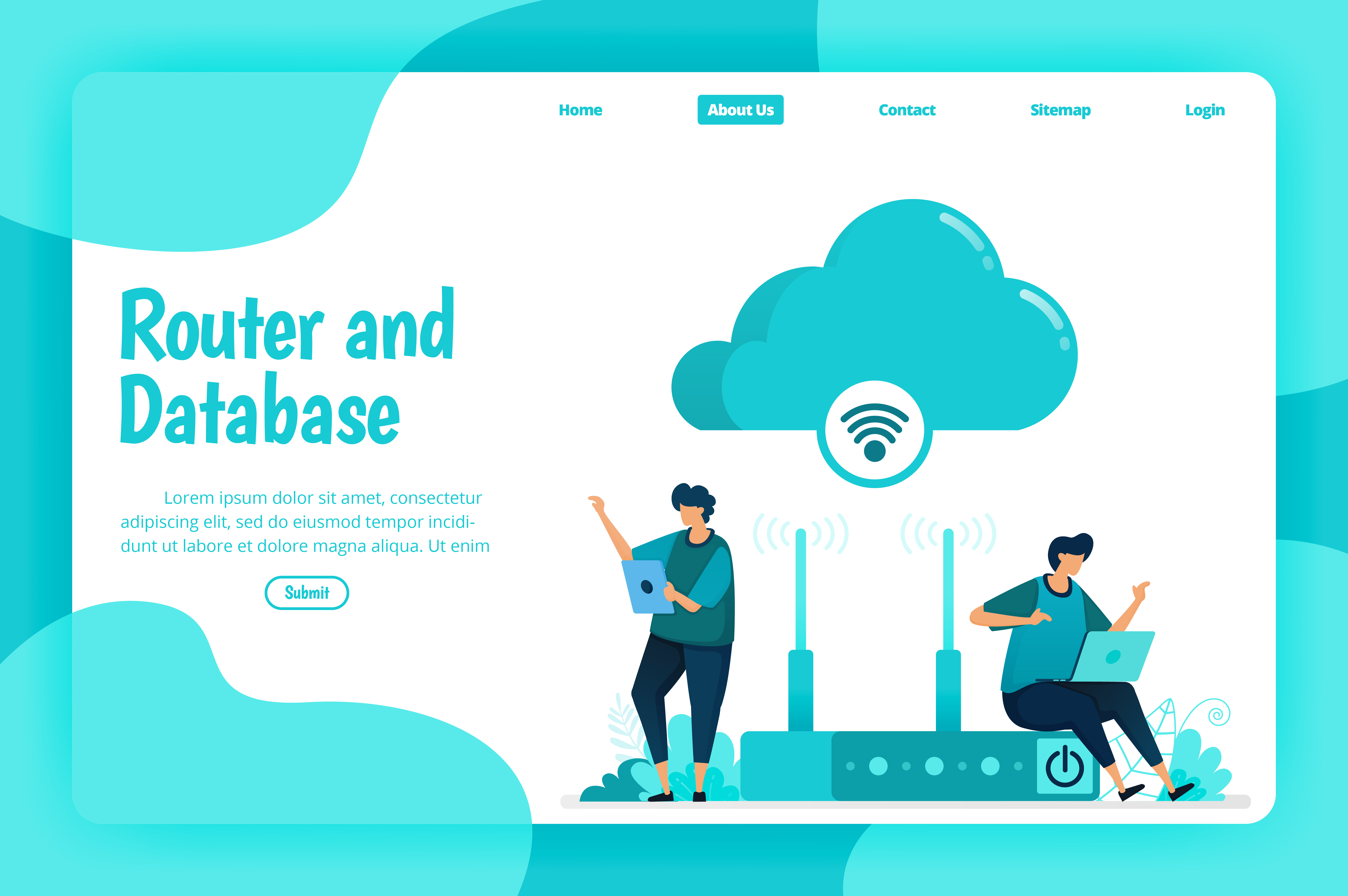 Landing page template of router and database service. Wifi network and