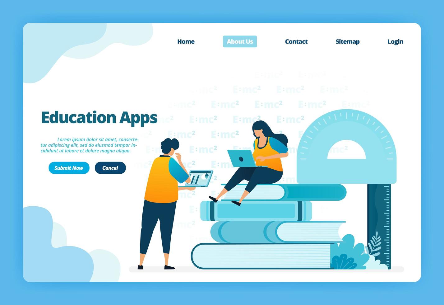 Landing page of education apps. Modern distance learning with virtual internet courses. Illustration of landing page, website, mobile apps, poster, flyer vector