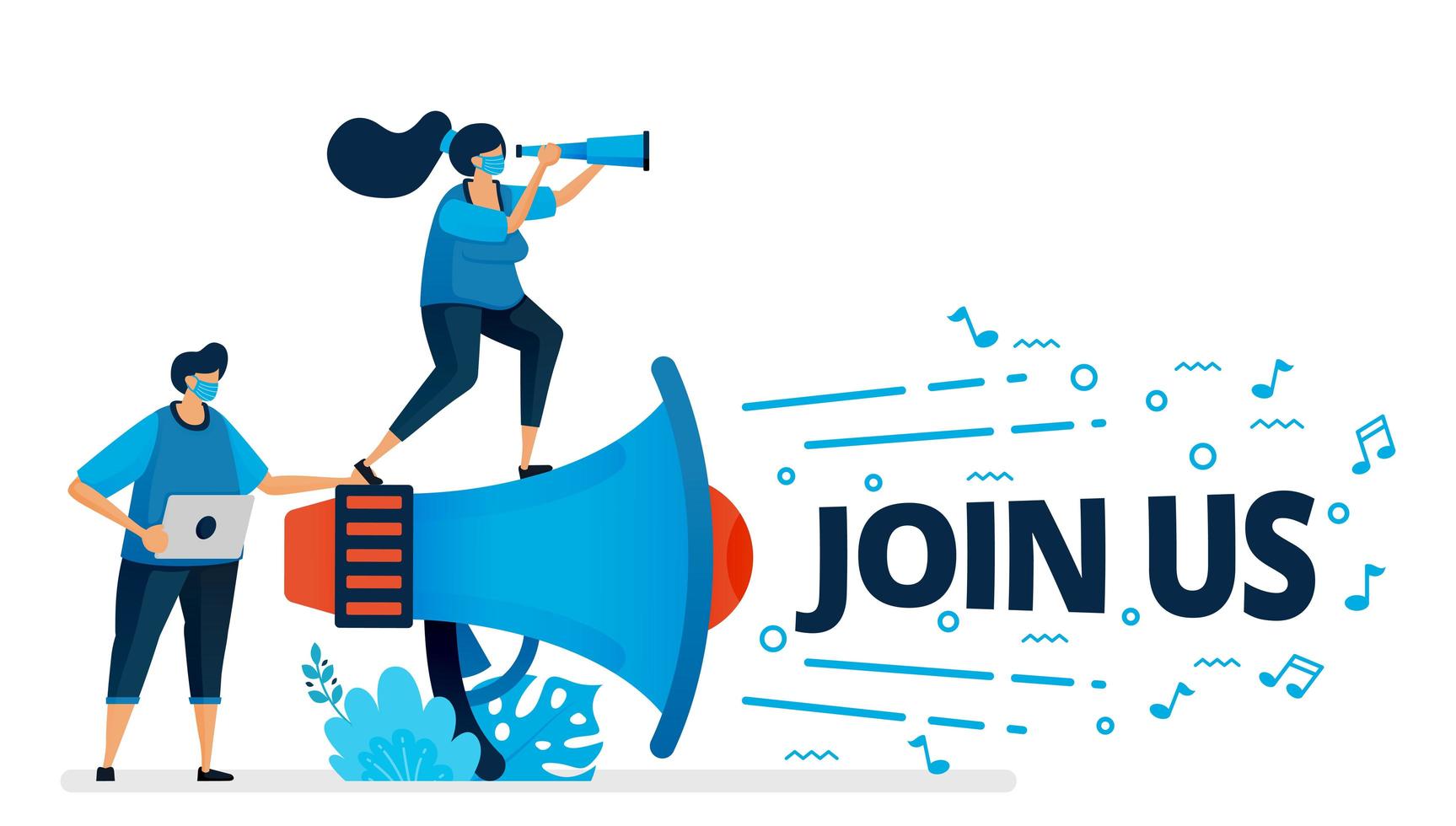 Vector illustration of join us program for employee recruitment at new normal and pandemic. Worker hire announcements. Design can be used for landing page, website, mobile app, poster, flyers, banner