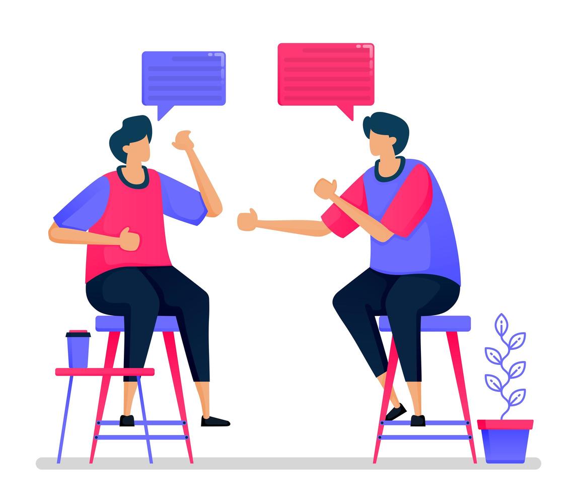 People are chatting and brainstorming by sitting on high chairs, meetings and conversations. Illustrations can be used for websites, web pages, landing pages, mobile apps, banners, flyers, posters vector