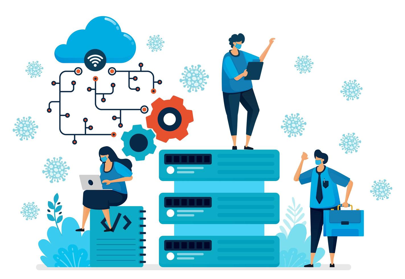 ilustración vectorial de la plataforma de computación en la nube para respaldar el nuevo trabajo normal. tecnología de base de datos para la pandemia covid-19. El diseño se puede utilizar para páginas de destino, sitios web, aplicaciones móviles, carteles, folletos, banners. vector