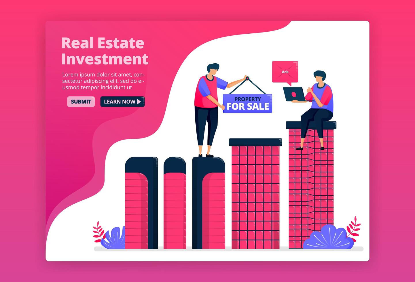 Vector illustration of investing by buying urban property, real estate or apartments. Increase wealth by purchasing property.  Can be used for landing page, website, web, mobile apps, posters, flyers