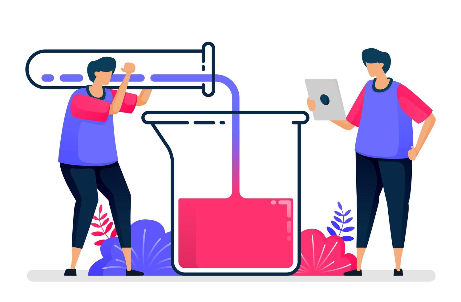 Flat vector illustration of experiment with test tubes and beakers. Chemistry learning and study. Design for healthcare. Can be used for landing page, website, web, mobile apps, posters, flyers