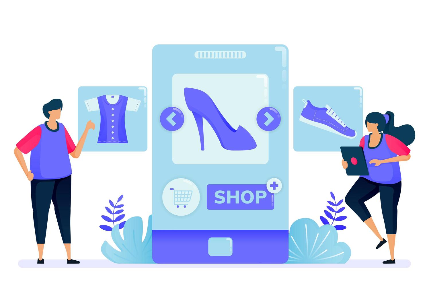 ilustración vectorial para ir de compras con aplicaciones móviles para productos de moda. abre una tienda y conviértete en vendedor con aplicaciones. se puede utilizar para páginas de destino, sitios web, web, aplicaciones móviles, carteles, folletos vector