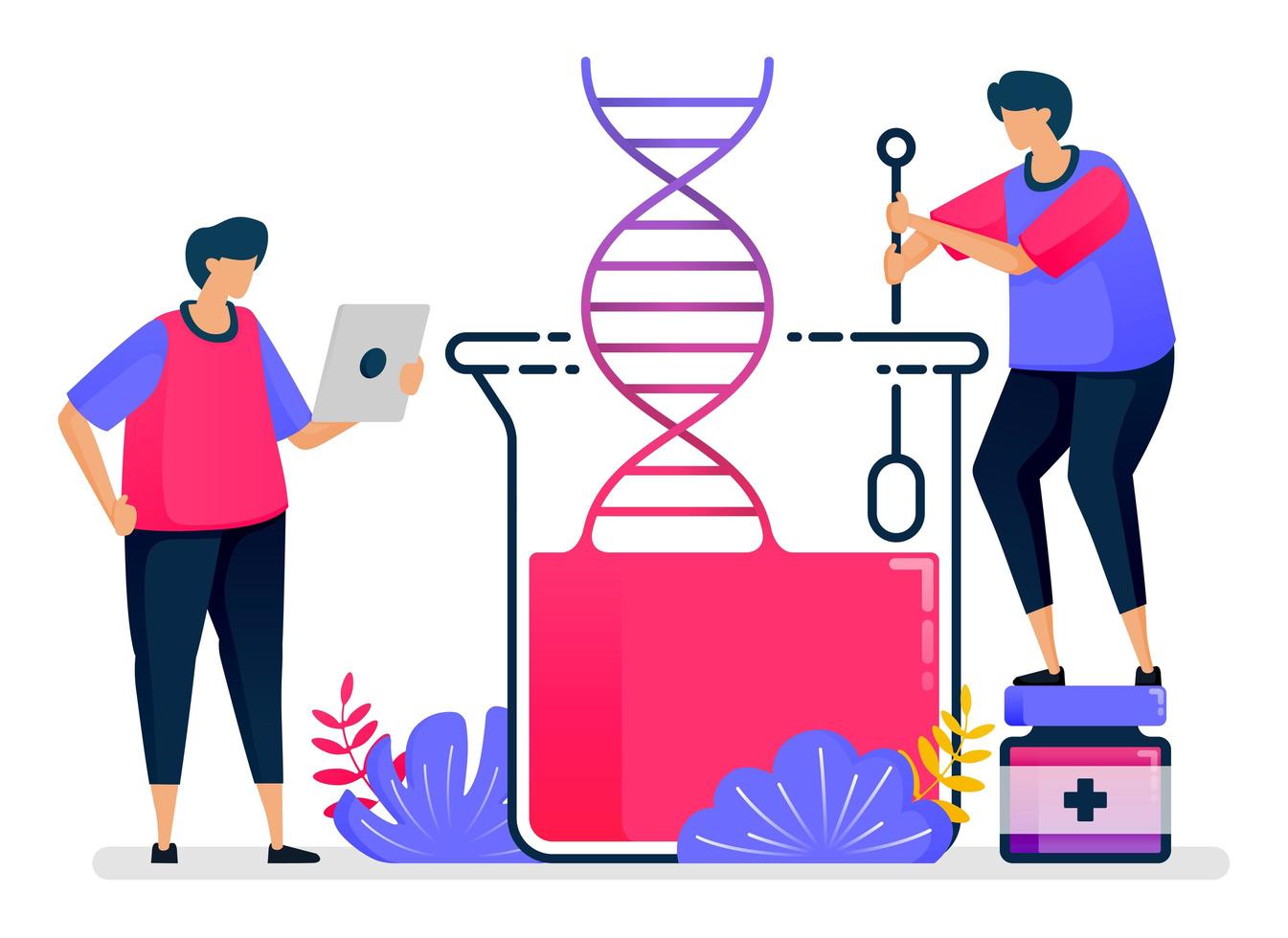 Flat vector illustration of dna experiments with glass chemistry. Biology and genetics learning. Design for healthcare. Can be used for landing page, website, web, mobile apps, posters, flyers