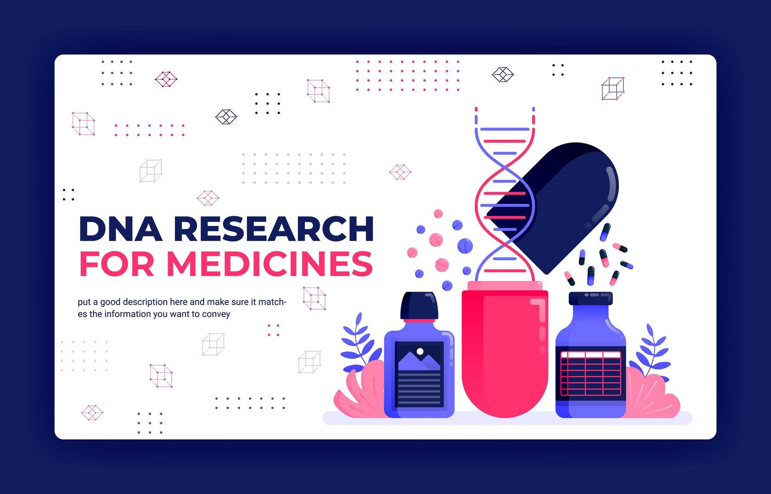 Landing page vector illustration of dna research for medicines. Pharmacy, health, herbal and medical learning. Can be used for website web mobile apps poster flyer background element banner template