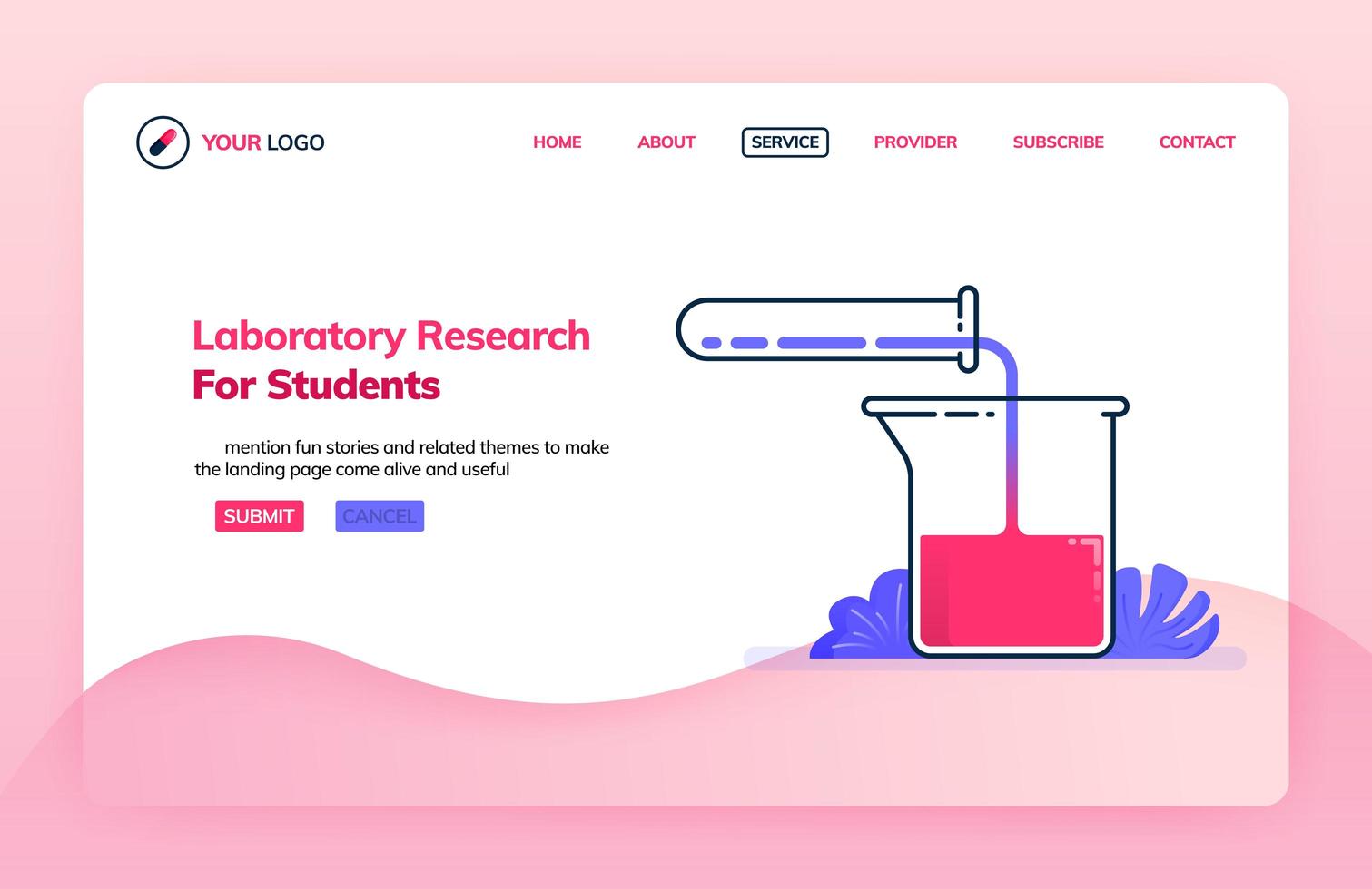 Plantilla de ilustración de página de destino del laboratorio de investigación para estudiantes. investigación y suministros químicos. temas de salud. se puede utilizar para páginas de destino, sitios web, web, aplicaciones móviles, carteles, folletos vector