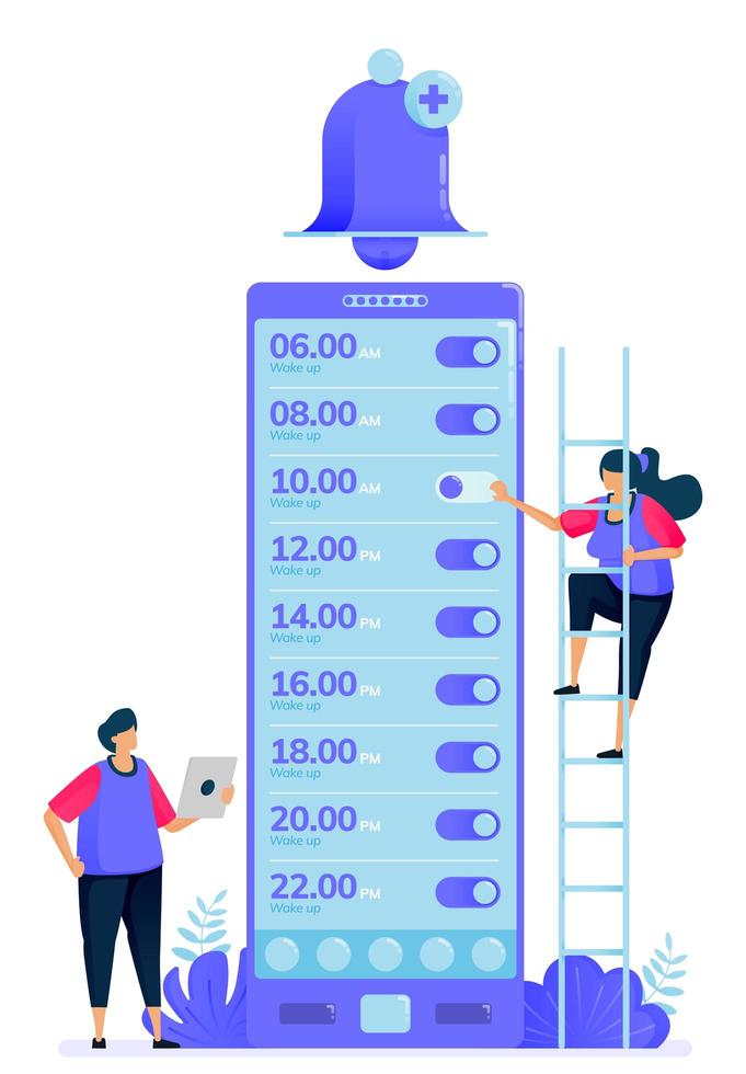 ilustración vectorial para la lista de verificación de aplicaciones de alarma para despertar. aplicaciones de timbre para recordar y advertir. se puede utilizar para páginas de destino, sitios web, web, aplicaciones móviles, carteles, folletos vector