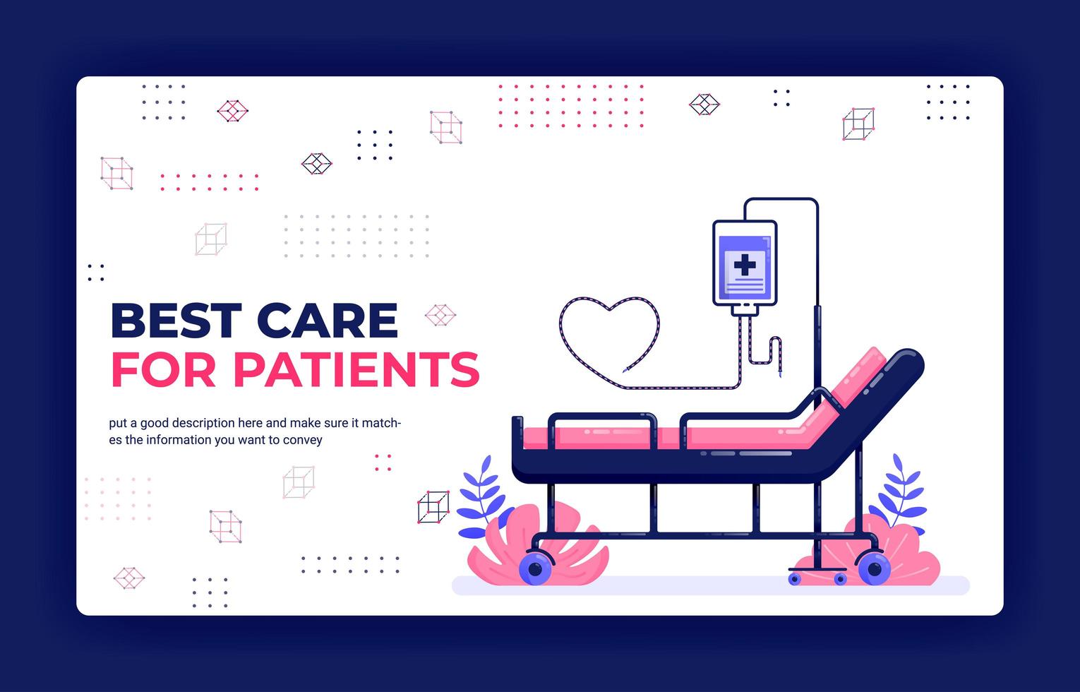 Landing page vector illustration of best care for patients. Booking hospital bed with infusion and love hose. Can be used for website web mobile apps poster flyer background element banner template