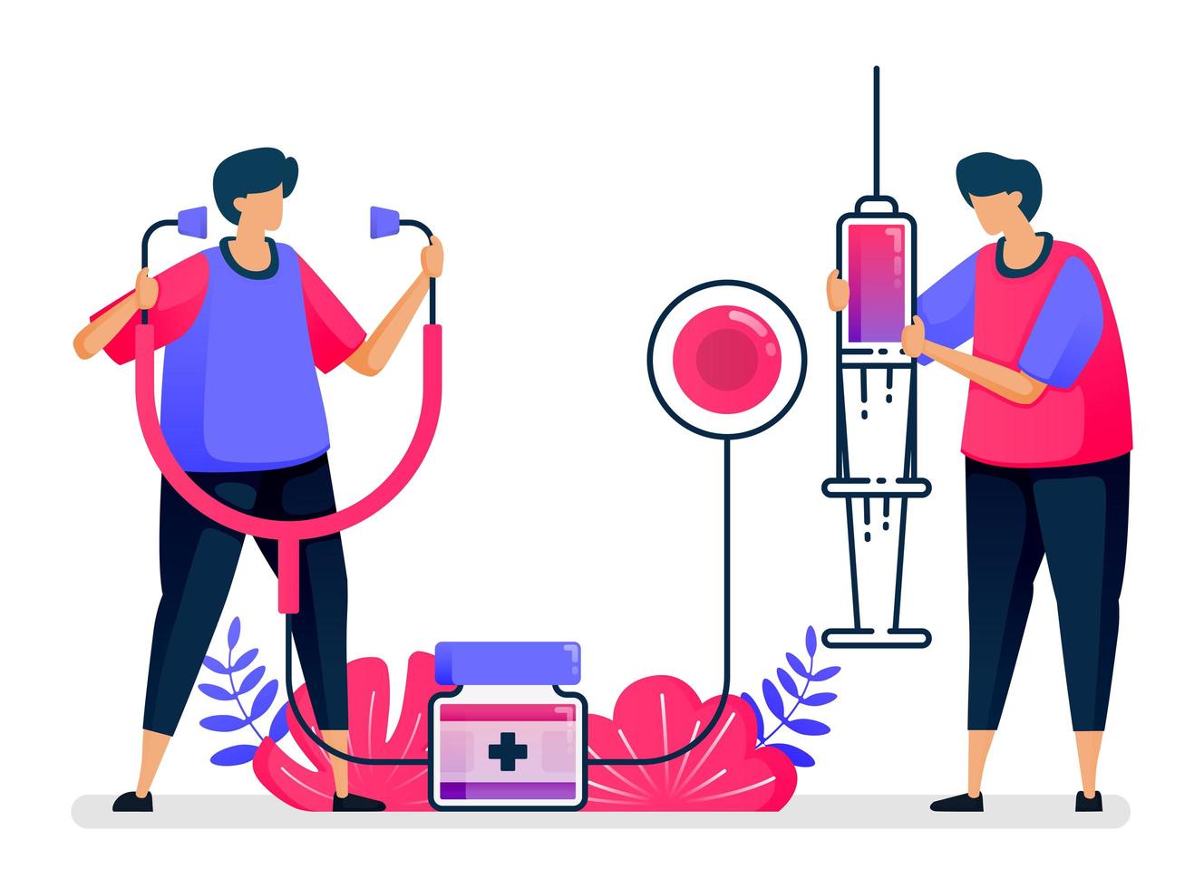 Flat vector illustration of public health services for vaccination, treatment, therapy and medicine. Design for healthcare. Can be used for landing page, website, web, mobile apps, posters, flyers