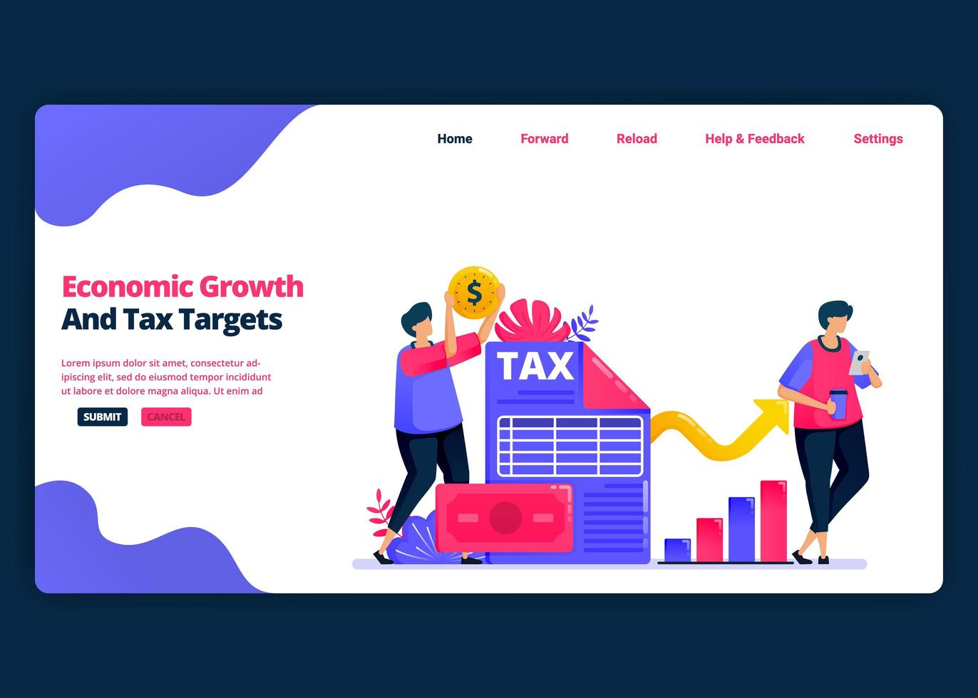 Vector cartoon banner template for achieve economic growth and annual tax targets. Landing page and website creative design templates for business. Can be used for web, mobile apps, posters, flyers