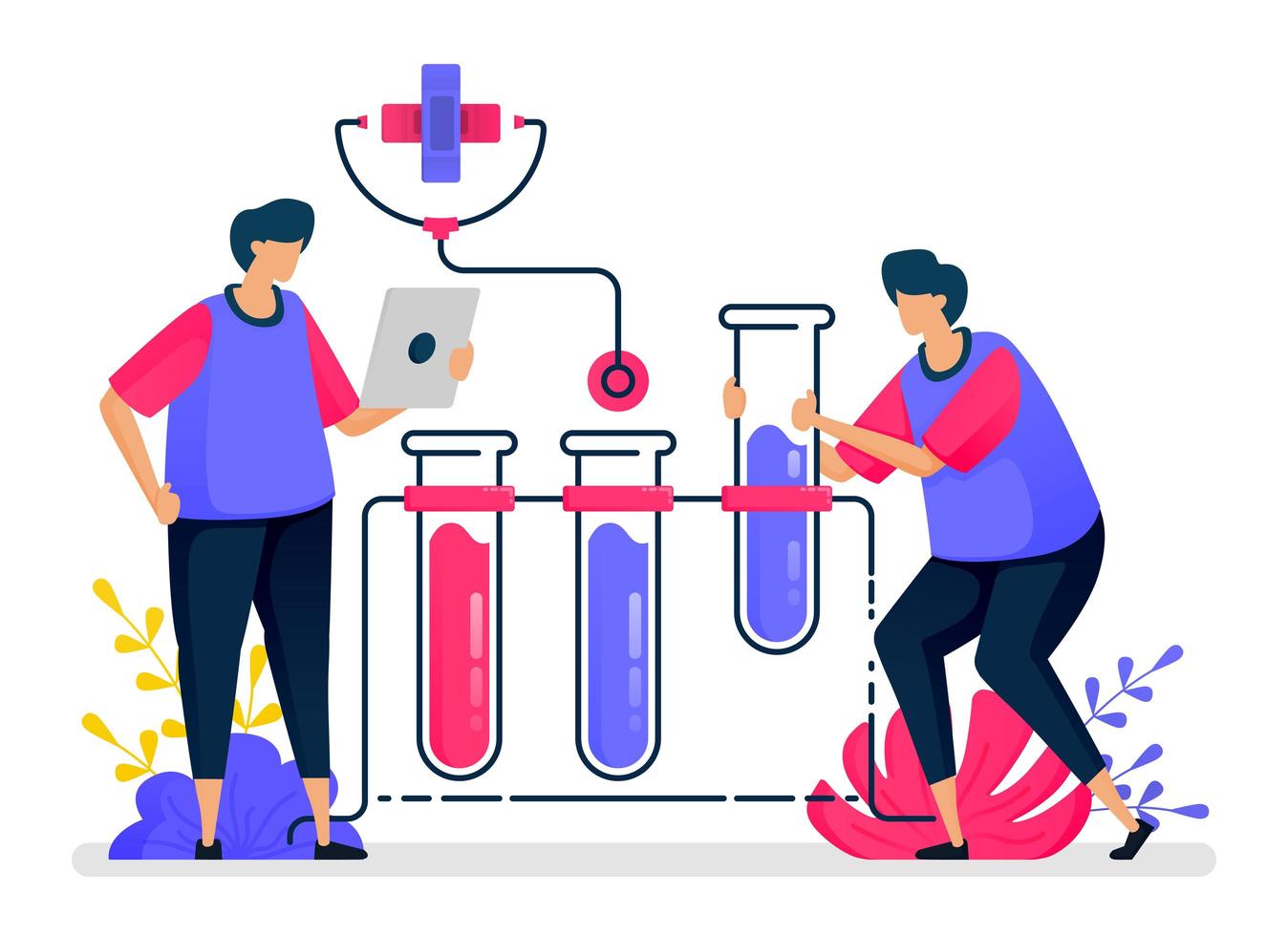 Flat vector illustration of chemistry experiments with test tubes for health learning and education. Design for healthcare. Can be used for landing page, website, web, mobile apps, posters, flyers