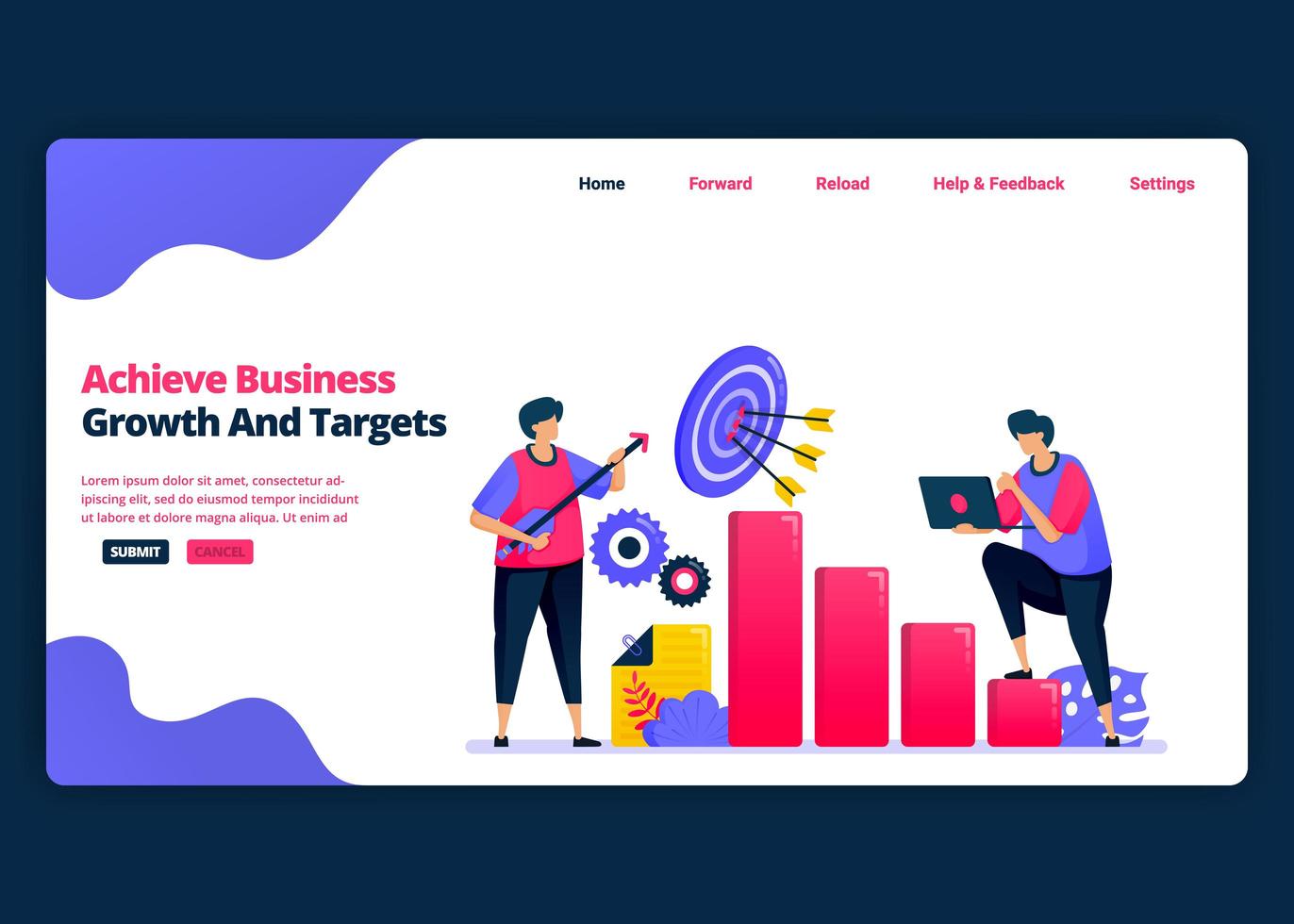 Vector cartoon banner template for achieve business profit growth and jobs targets. Landing page and website creative design templates for business. Can be used for web, mobile apps, posters, flyers