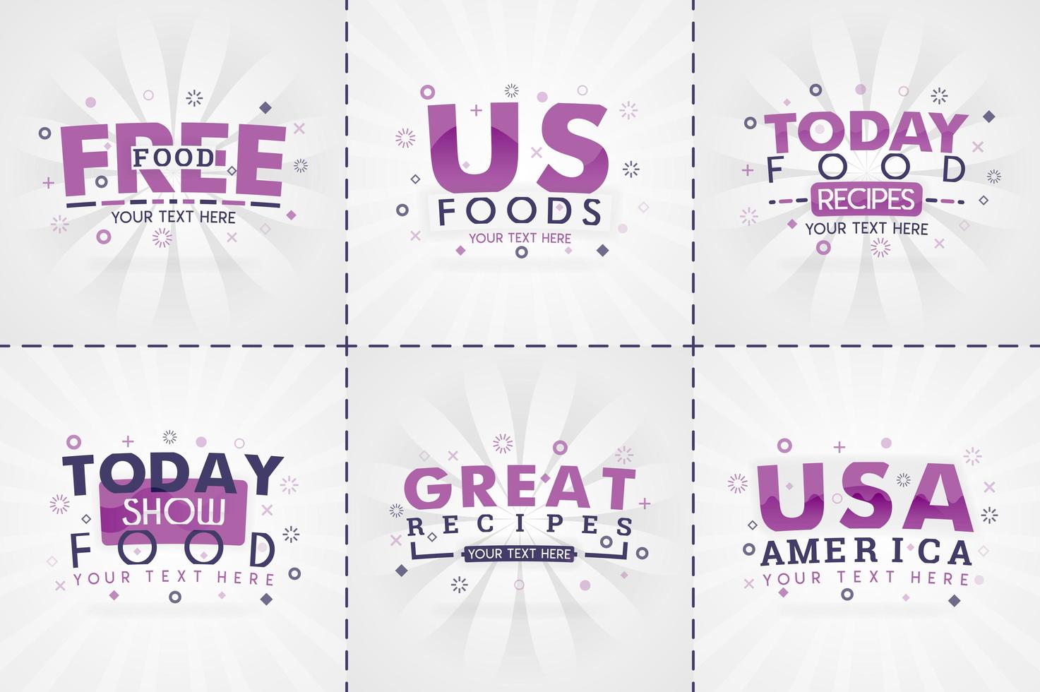 purple cooking book set for food and recipe magazines. Restaurant menu titles or badges for food stores and restaurants. Minimalist design for recipe banners vector