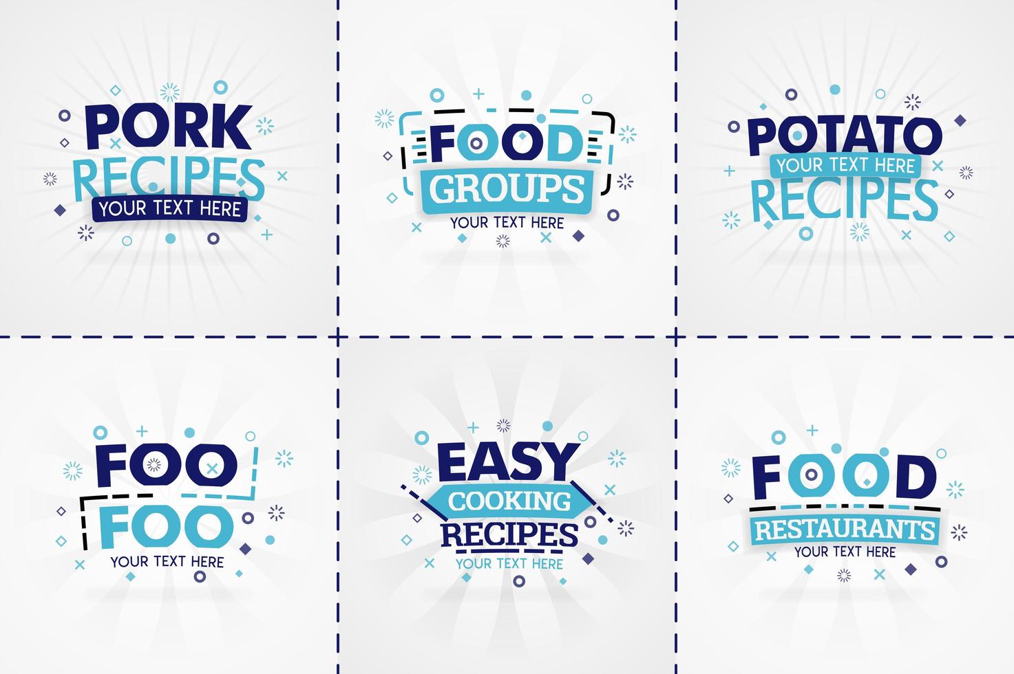 Blue cooking book set for food and recipe magazines. Restaurant menu titles or badges for food stores and restaurants. Minimalist design for recipe banners vector
