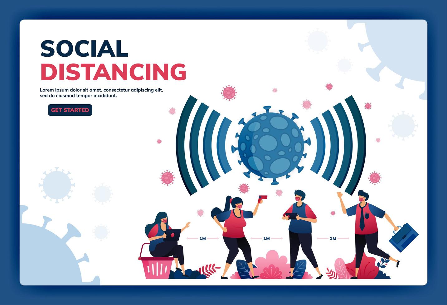 Landing page vector illustration of social distancing and new normal protocols for work and activities during a pandemic. Symbol icon for virus, radar, signal, network and wifi of covid-19. Web, apps