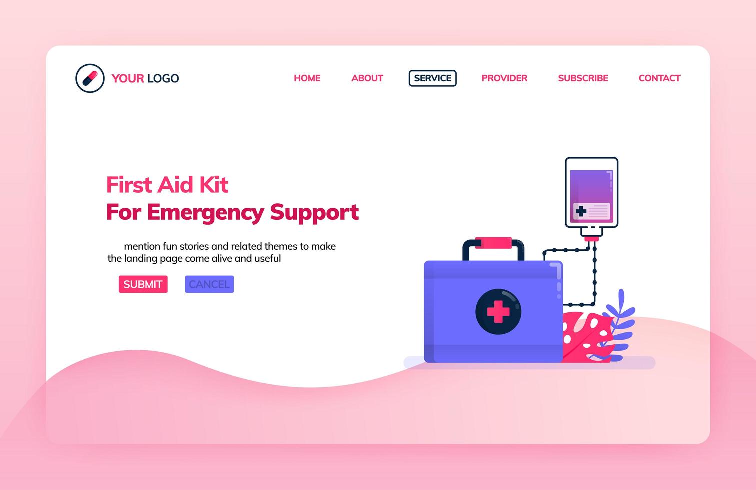 Landing page illustration template of first aid kit for emergency support. Infusion for emergency departments. Health themes. Can be used for landing page, website, web, mobile apps, poster, flyer vector