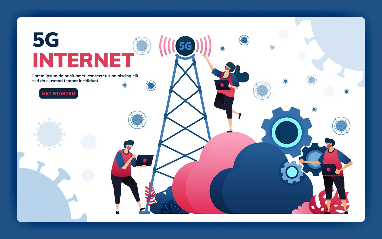 Ilustración de vector de página de destino de la infraestructura 5g y las conexiones de red de Internet para actividades y trabajo durante la pandemia del virus covid-19. símbolo de nube, motor, hosting. web, sitio web, banner