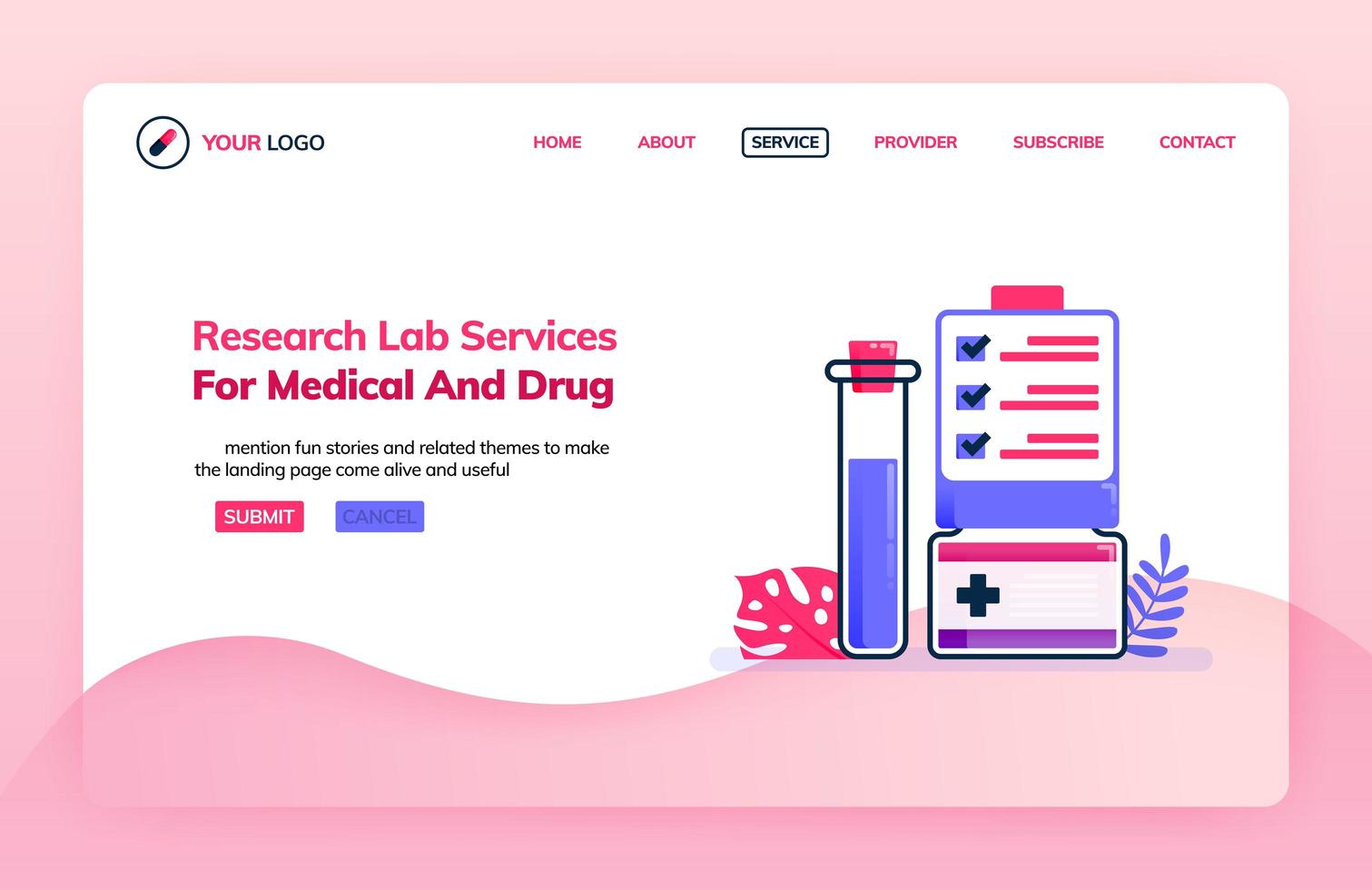 Landing page illustration template of research lab services for medical and drug. Knowledge of chemistry. Health themes. Can be used for landing page, website, web, mobile apps, poster, flyer vector