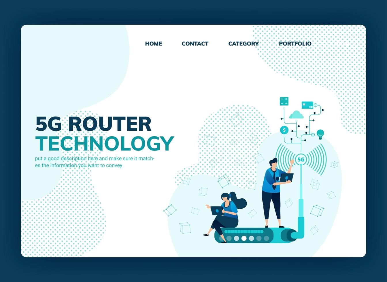 Vector illustration for 5g router and technology to increase network speed, wifi internet connection stability. Design can be used for landing page, template, ui ux, web, website, banner, flyer