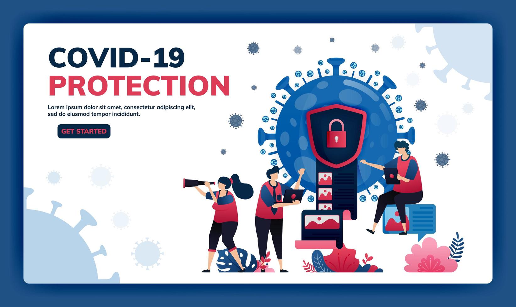 Landing page vector illustration of data encryption and security to protect confidential information of covid-19 virus and vaccines. Virus document encryption icon and symbol. Web, website, banner