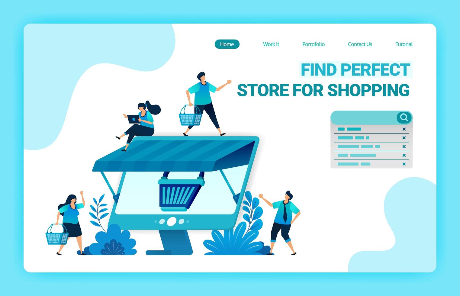 Landing page of e-commerce online with a shopping cart metaphor and monitor with a roof. Wholesale and retail online stores. Vector illustration design template for web, websites, site, banner, flyer