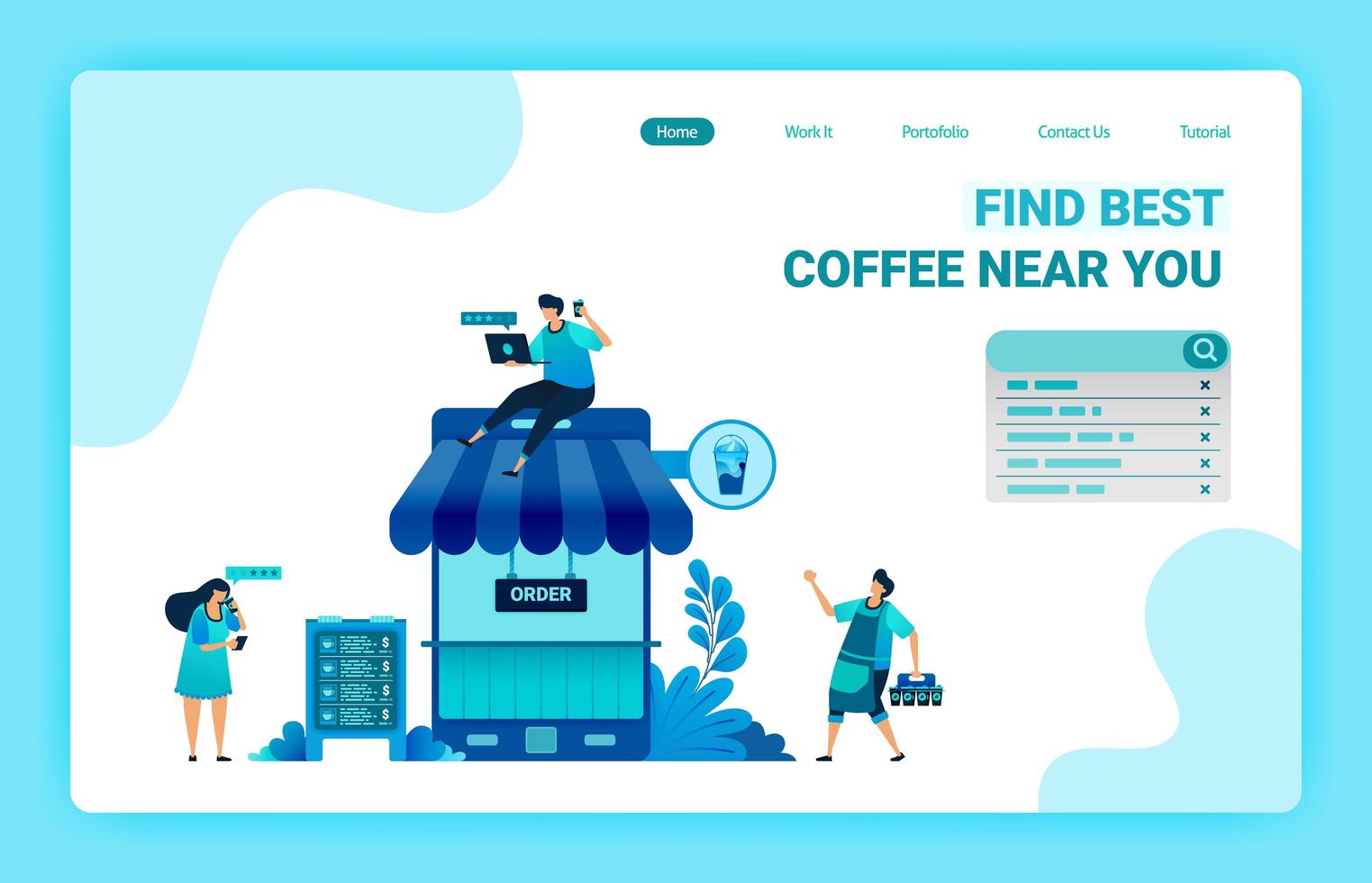 Landing page of coffee shop with phone and roof. Coffee shop metaphor 4.0 with internet. Coffee bar mobile apps to buy positive review. Vector design template for web, websites, site, banner, flyer
