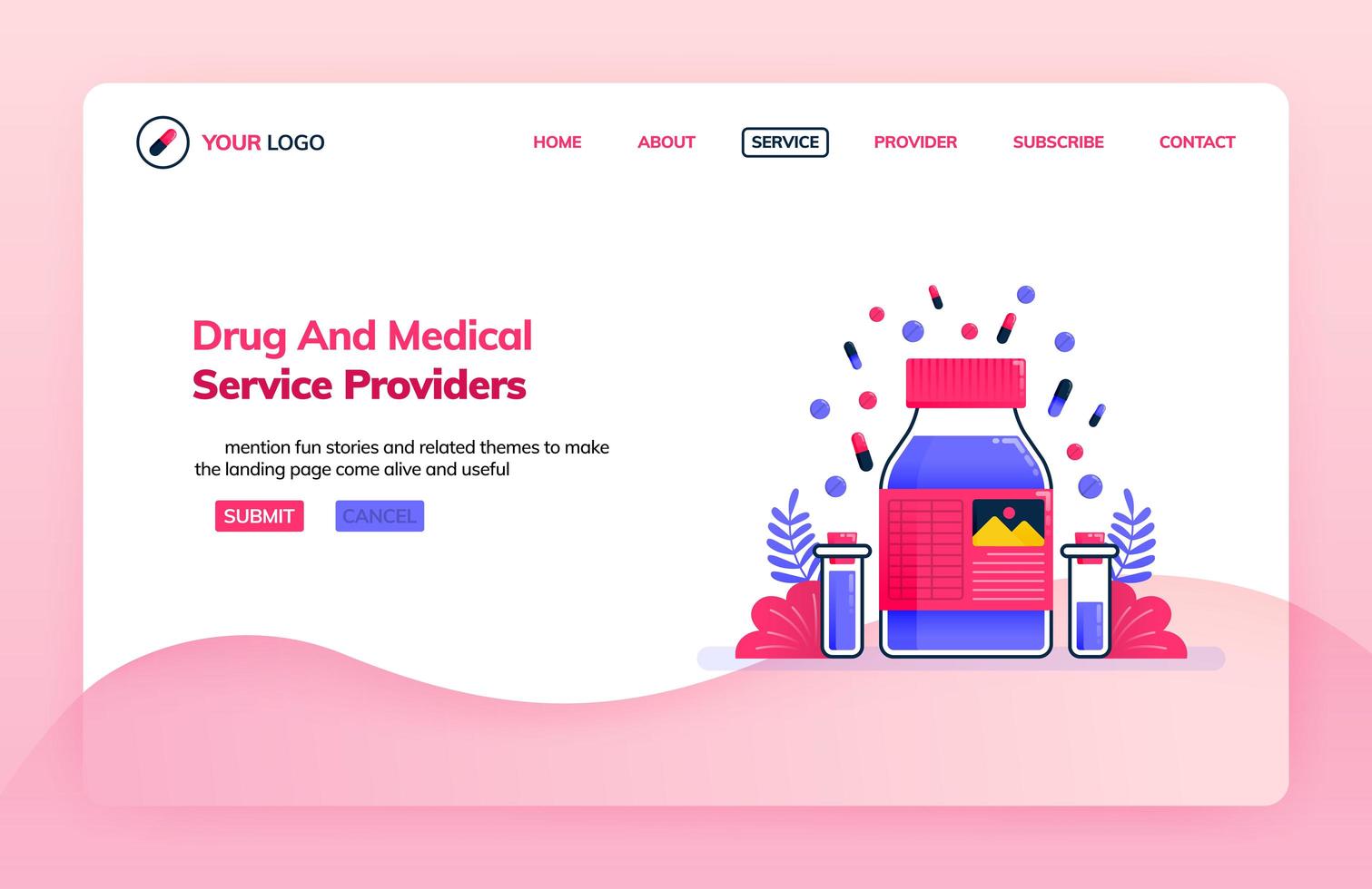 Landing page illustration template of drug service providers and chemical research lab for medical education. Health themes. Can be used for landing page, website, web, mobile apps, poster, flyer vector