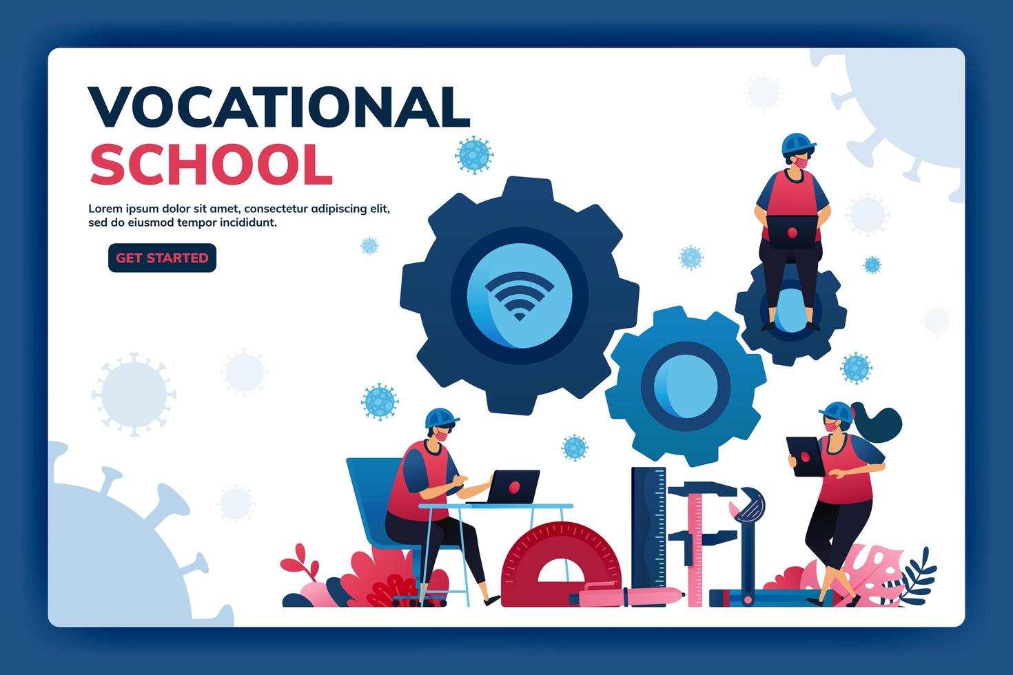 Landing page vector illustration of vocational education scholarships and e-learning to support human resources during the covid-19 virus pandemic. Symbols of machines tools. Web, website, banner