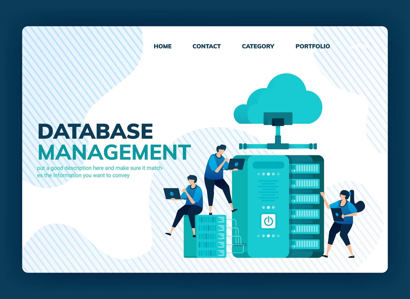 Vector illustration for database management system for data storage, backup, hosting, server, cloud service provider. Design can be used for landing page, template, ui ux, web, website, banner, flyer