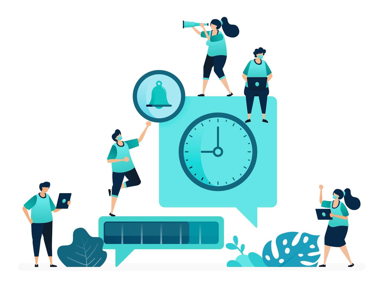 vector illustration of delayed conversation metaphors. message scheduling. time for message delivery progress. women and men workers. designed for website, web, landing page, apps ui ux, poster, flyer