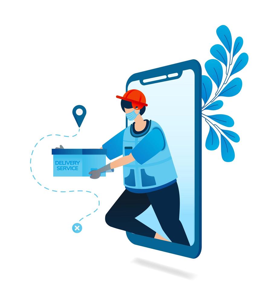 Vector illustration of delivery service application with health protocol. Food courier for delivery at the covid-19 pandemic. Can be used for website, web, mobile apps, flyer banner, template poster
